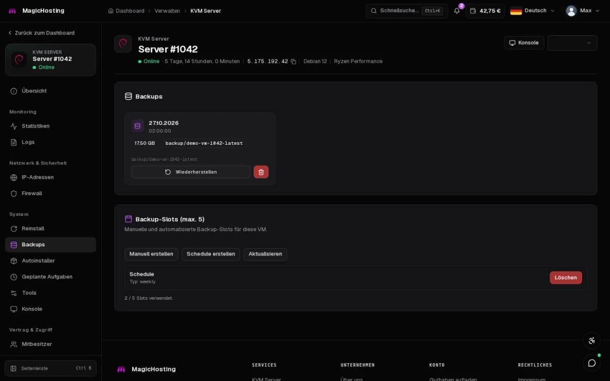 Backup-Verwaltung in der Demo mit Backup-Slots und Zeitplan