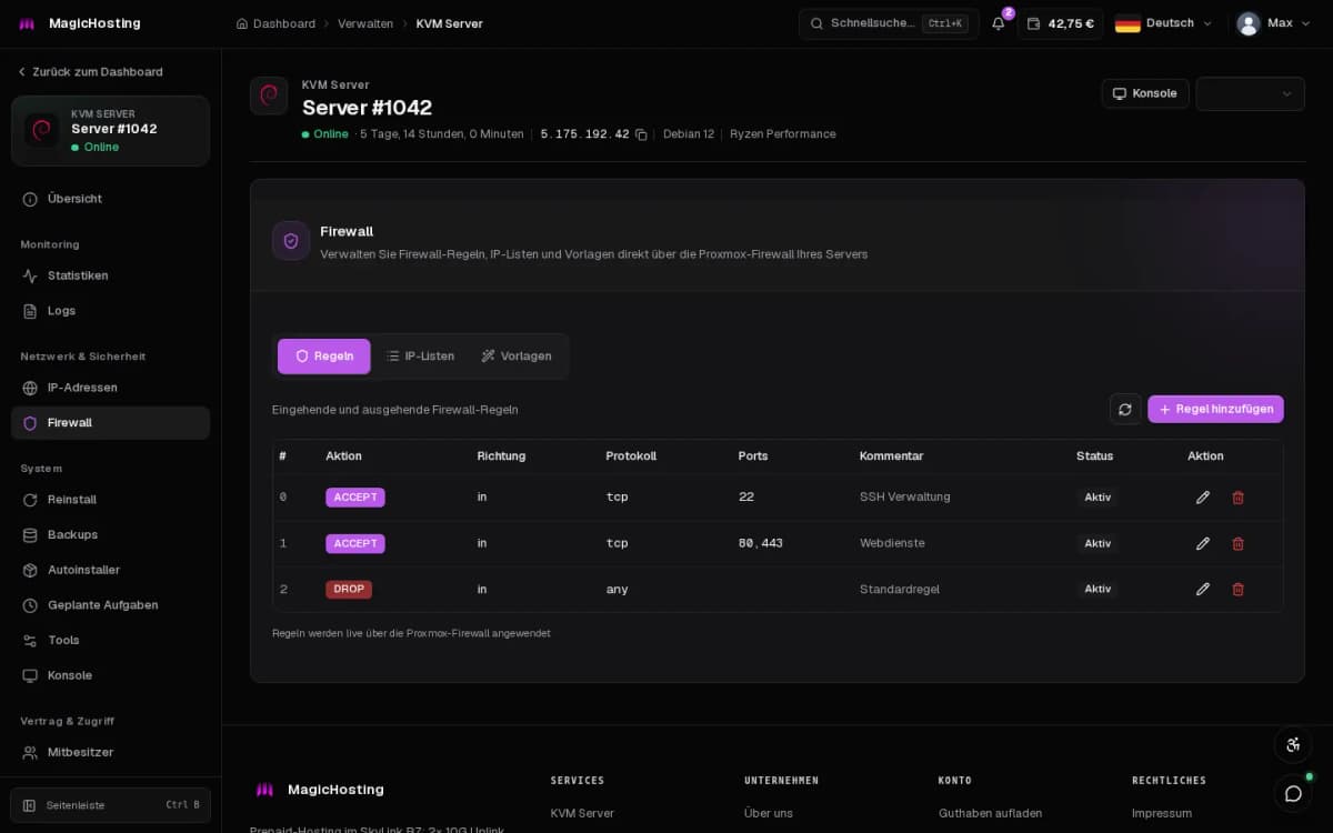 Firewall-Regeln in der Demo: SSH, Webdienste und Standardregel