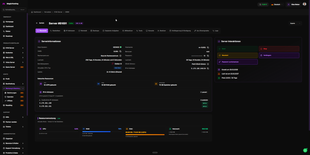 MagicHosting dashboard server management