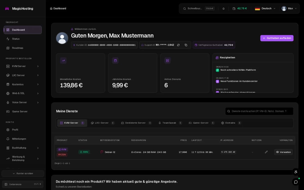 MagicHosting-Dashboard mit Serverübersicht und Verwaltungsmenü