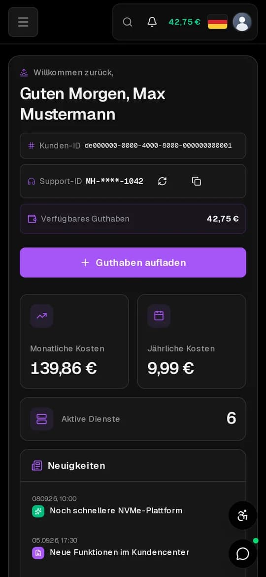 MagicHosting-Dashboard auf dem Smartphone mit Guthaben, Kosten und Neuigkeiten
